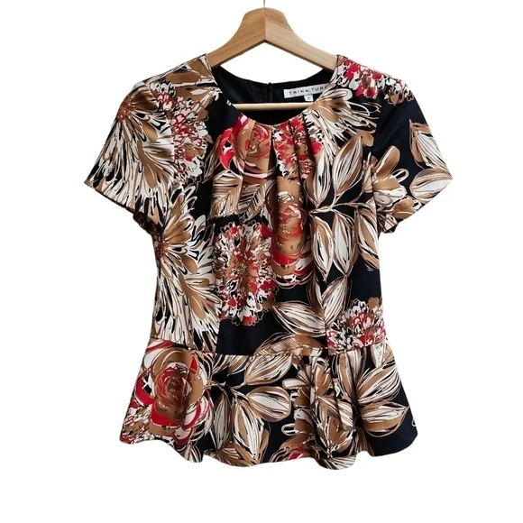 Trina Turk Floral Print Peplum Top - Short Sleeve, Summer Fall Office, Size XS - Picture 2 of 10